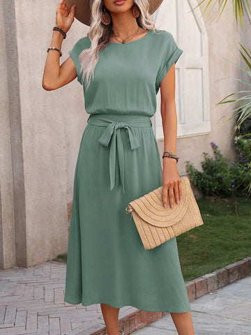 Ladies Fashionable Plain All-Match Waist Belted Casual Dress For Daily Wear
