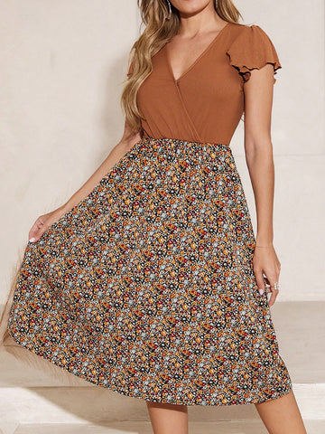 Ladies' Floral Patchwork Short Flying Sleeve Dress