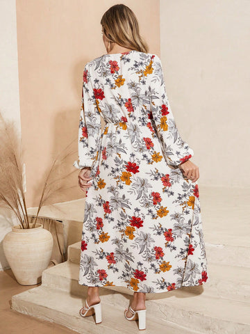 Ladies' Floral Print Wrap Dress With High Slit