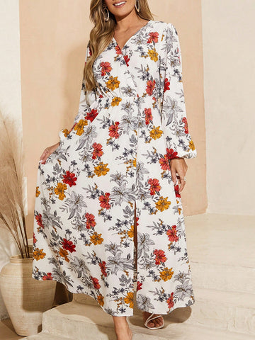 Ladies' Floral Print Wrap Dress With High Slit