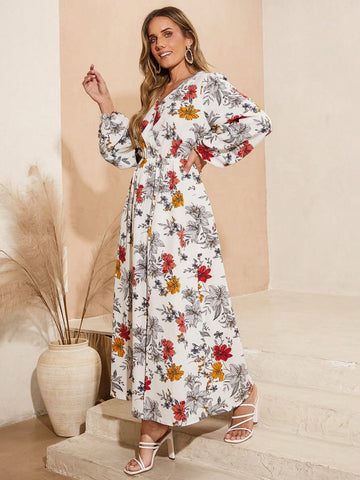 Ladies' Floral Print Wrap Dress With High Slit