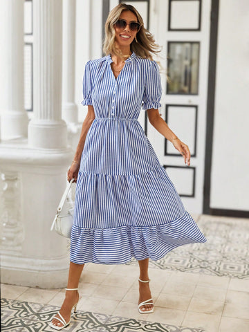 Ladies' Notch Collar Striped Dress