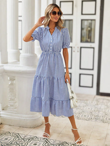 Ladies' Notch Collar Striped Dress