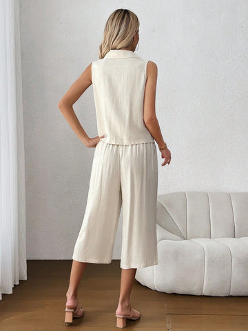 Ladies' Notched Collar Single-Breasted Sleeveless Top And Pants Two-Piece Set