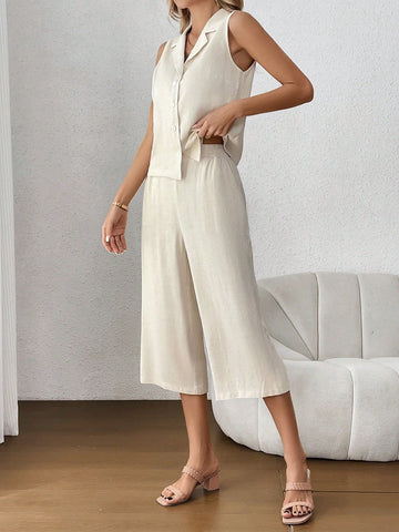 Ladies' Notched Collar Single-Breasted Sleeveless Top And Pants Two-Piece Set