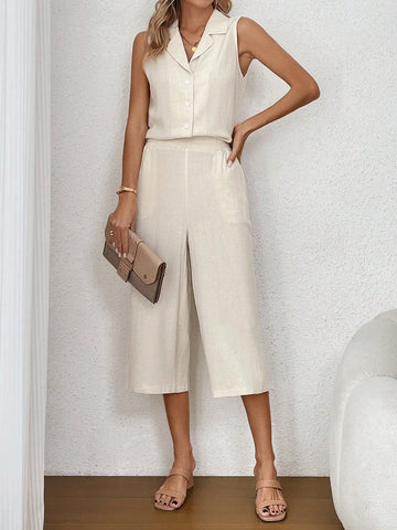 Ladies' Notched Collar Single-Breasted Sleeveless Top And Pants Two-Piece Set