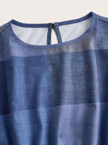 Ladies Plaid Pattern Printed Casual Waist-Tightened Short-Sleeved Dress For Daily Wear In Spring