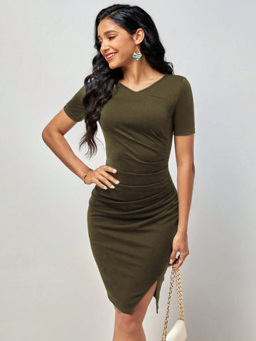 Ladies' Pleated, Side Slit, Bodycon Dress