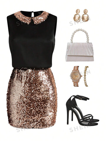 Ladies' Sequin Splice Vest And Skirt Set Summer Ramadan Two Piece Outfits