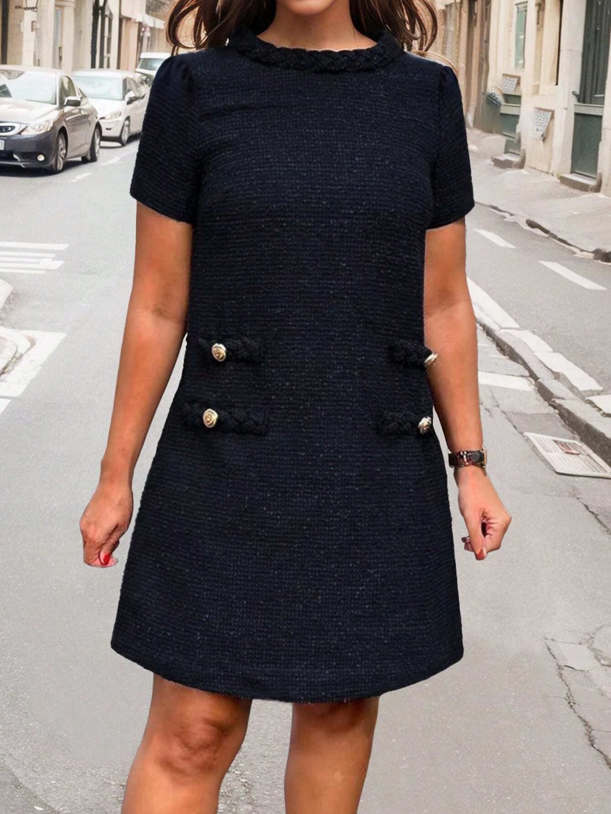 Ladies" Simple Commuter Button Decoration Round Neck Short-Sleeved Straight Dress