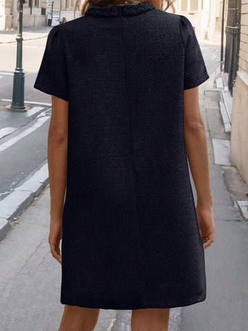 Ladies" Simple Commuter Button Decoration Round Neck Short-Sleeved Straight Dress