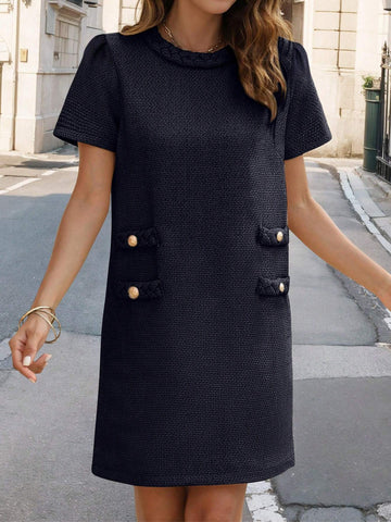Ladies" Simple Commuter Button Decoration Round Neck Short-Sleeved Straight Dress