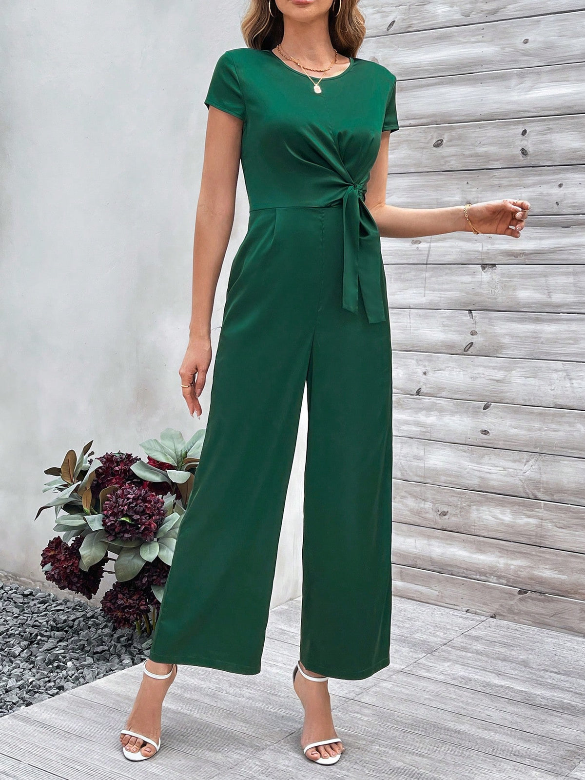 Ladies' Solid Color Belted Jumpsuit