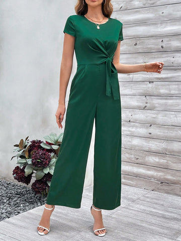 Ladies' Solid Color Belted Jumpsuit