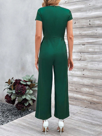 Ladies' Solid Color Belted Jumpsuit