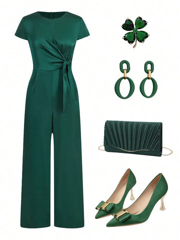 Ladies' Solid Color Belted Jumpsuit