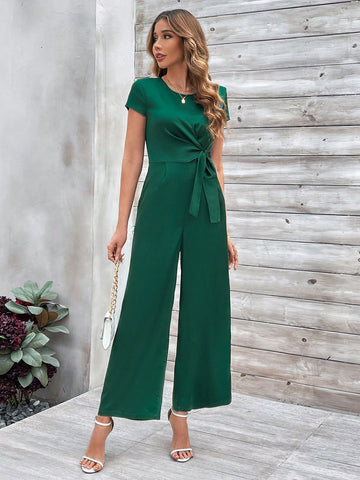 Ladies' Solid Color Belted Jumpsuit