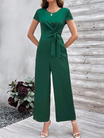 Ladies' Solid Color Belted Jumpsuit