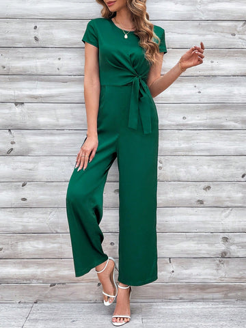 Ladies' Solid Color Belted Jumpsuit