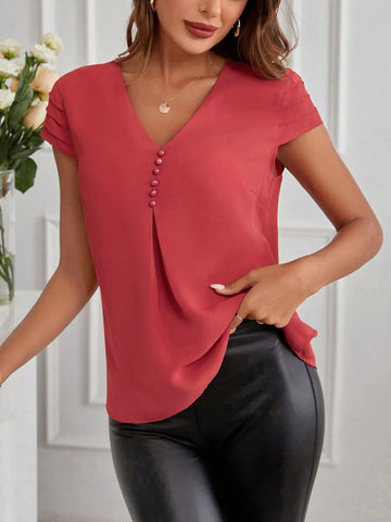 Clasi Ladies' Solid Color Pleated Cap Sleeve Shirt