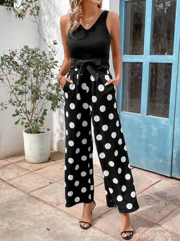 Ladies' Solid Color Vest Top And Polka Dot Printed Wide Leg Pants Set