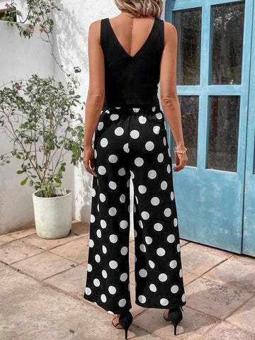 Ladies' Solid Color Vest Top And Polka Dot Printed Wide Leg Pants Set