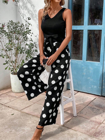 Ladies' Solid Color Vest Top And Polka Dot Printed Wide Leg Pants Set