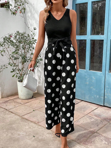 Ladies' Solid Color Vest Top And Polka Dot Printed Wide Leg Pants Set