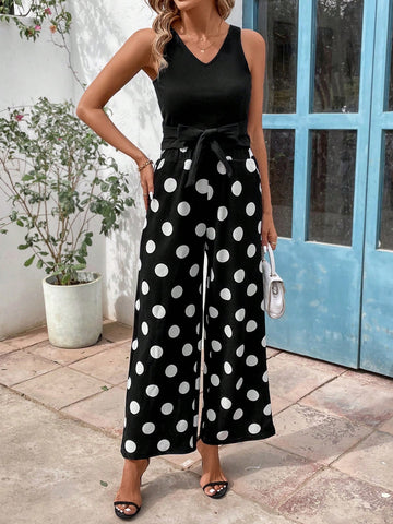 Ladies' Solid Color Vest Top And Polka Dot Printed Wide Leg Pants Set