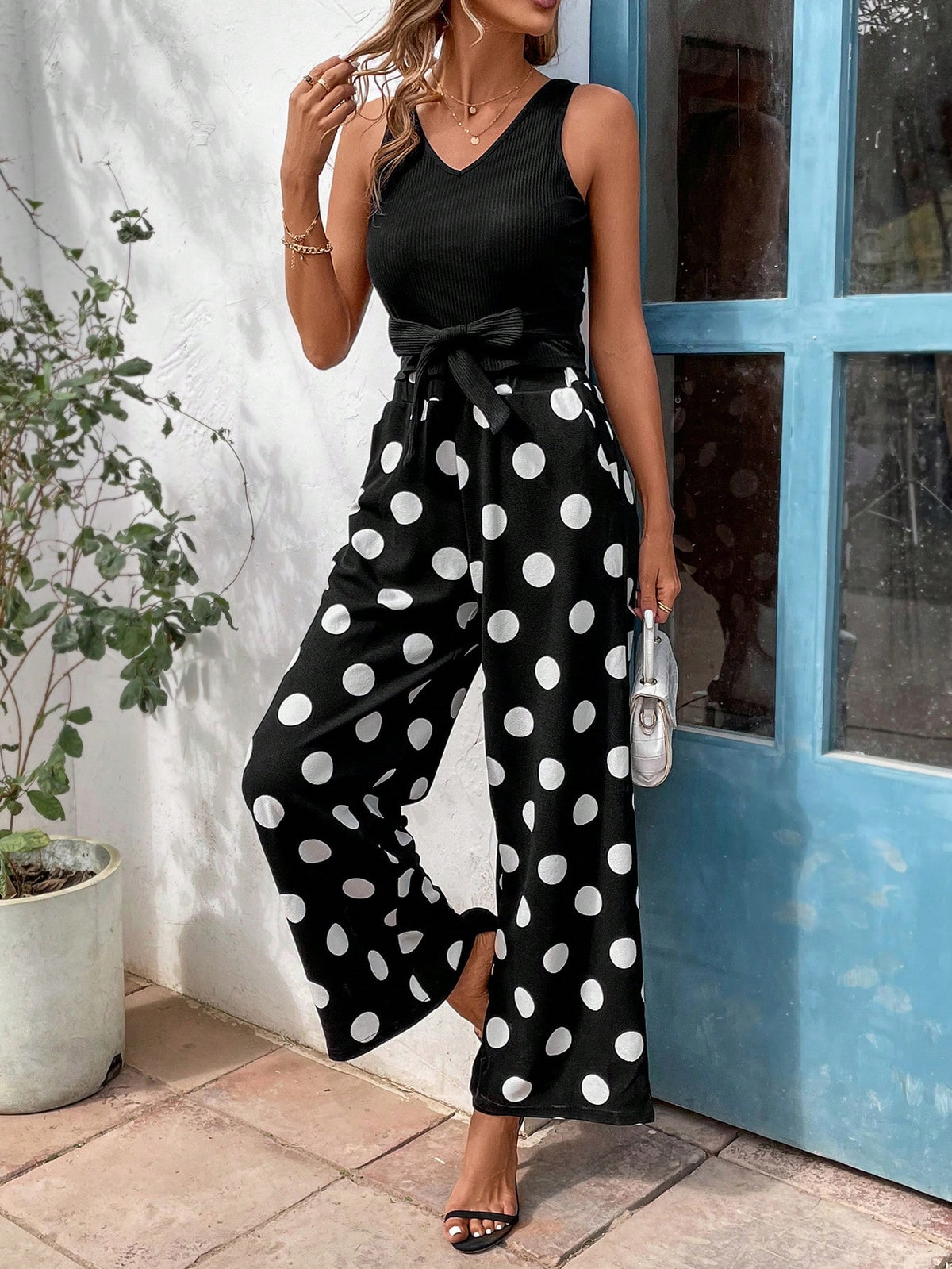 Ladies' Solid Color Vest Top And Polka Dot Printed Wide Leg Pants Set