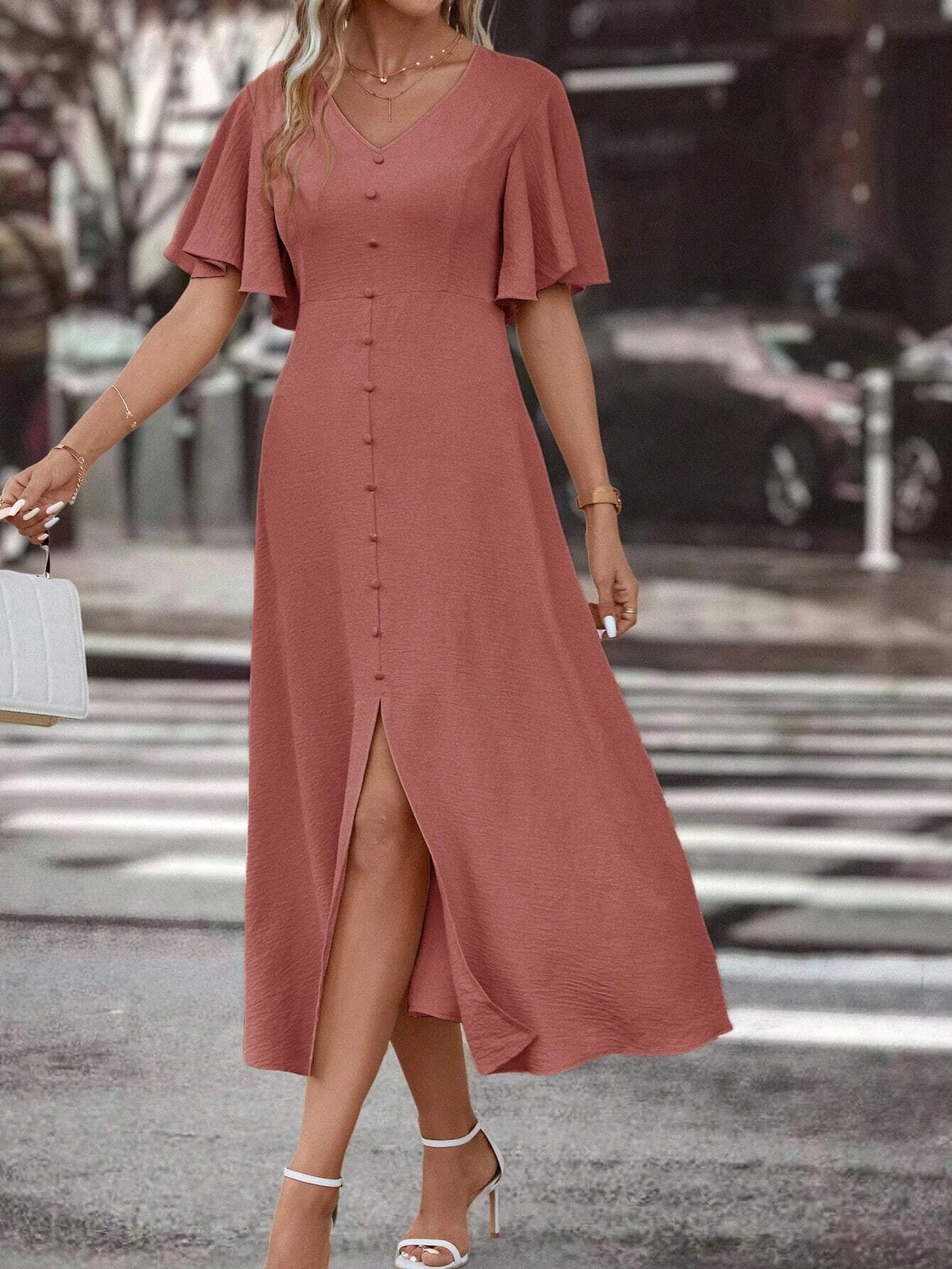 Ladies' Split Hem Solid Color Maxi Dress For Spring/Summer