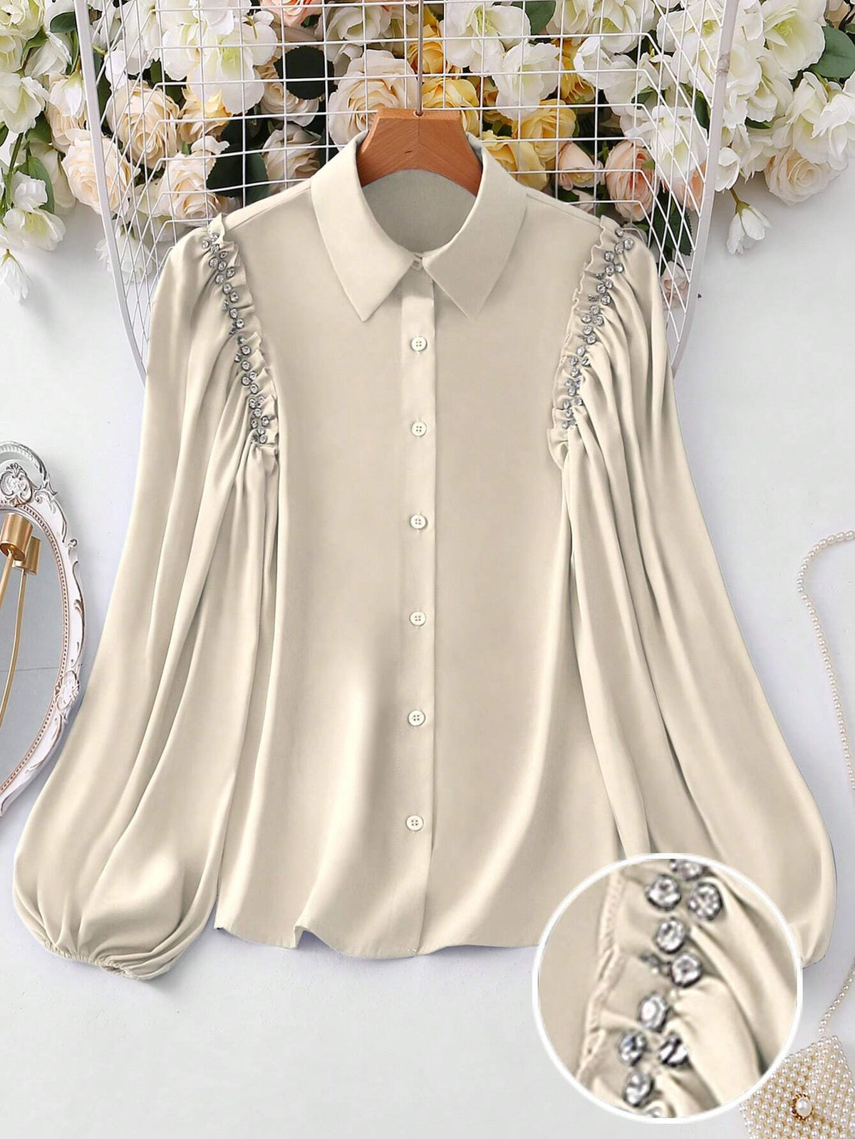 Clasi Ladies Spring & Summer Solid Color Rhinestone Decor Long Sleeve Elegant Office Blouse