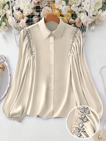 Clasi Ladies Spring & Summer Solid Color Rhinestone Decor Long Sleeve Elegant Office Blouse