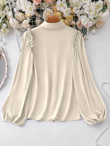 Clasi Ladies Spring & Summer Solid Color Rhinestone Decor Long Sleeve Elegant Office Blouse