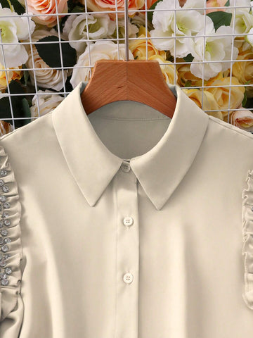 Clasi Ladies Spring & Summer Solid Color Rhinestone Decor Long Sleeve Elegant Office Blouse