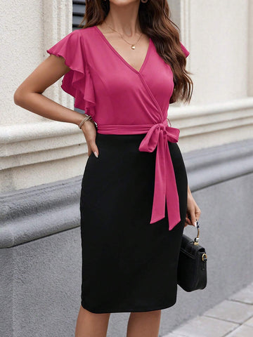 Ladies' Summer Slim-Fit Ruffle Self-Tie Colorblock Dress