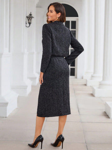 Ladies' Turn-down Collar Top With Midi Skirt 2pcs/set