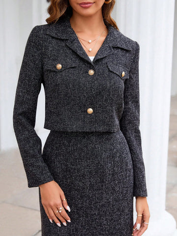 Ladies' Turn-down Collar Top With Midi Skirt 2pcs/set