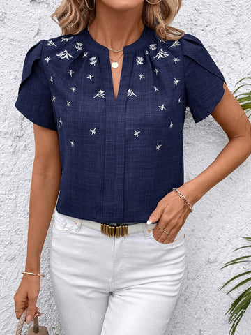 Clasi Ladies' Vacation Floral Embroidered Flare Short Sleeve Loose Blouse For Summer
