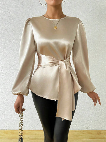 Clasi Lantern Sleeve Knot Front Asymmetrical Hem Blouse