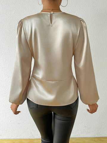 Clasi Lantern Sleeve Knot Front Asymmetrical Hem Blouse