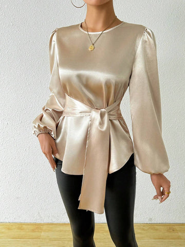 Clasi Lantern Sleeve Knot Front Asymmetrical Hem Blouse