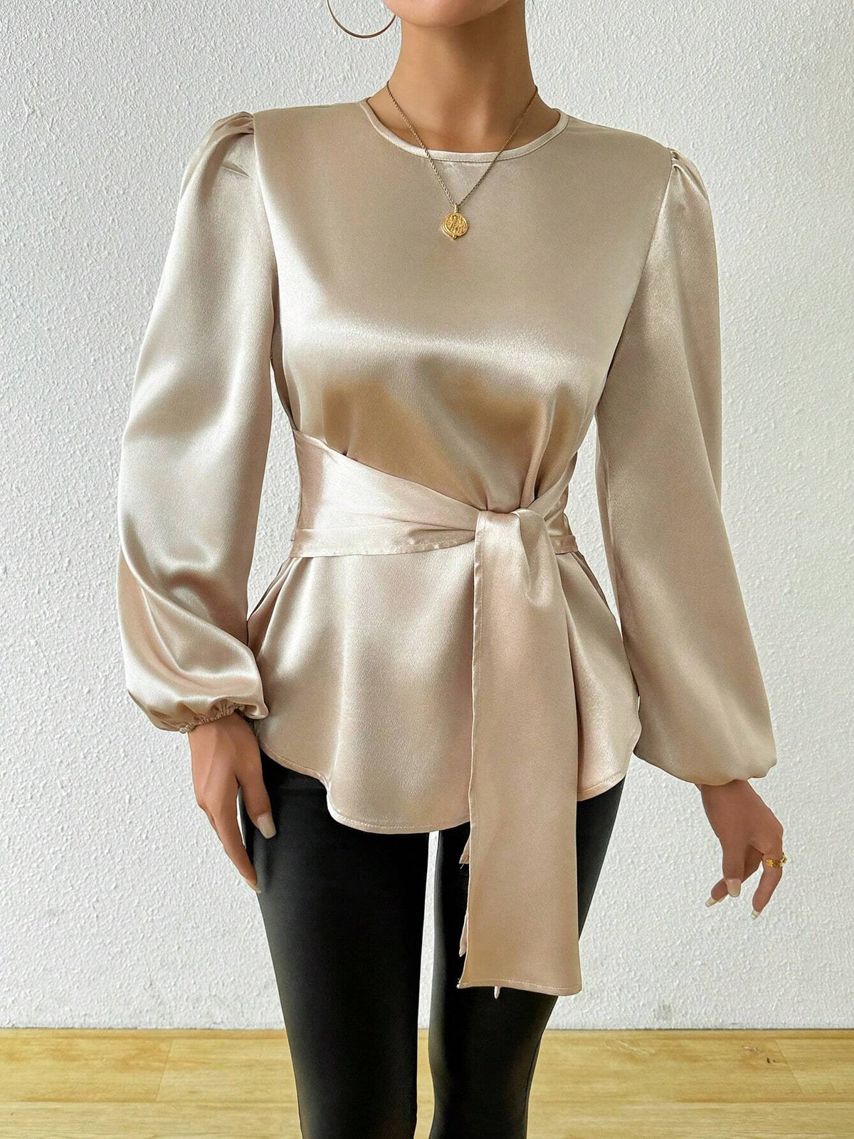 Clasi Lantern Sleeve Knot Front Asymmetrical Hem Blouse