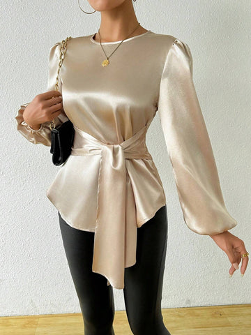 Clasi Lantern Sleeve Knot Front Asymmetrical Hem Blouse