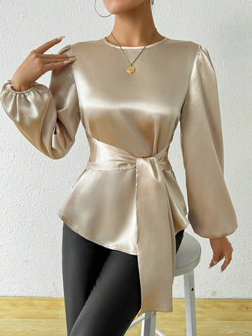 Clasi Lantern Sleeve Knot Front Asymmetrical Hem Blouse