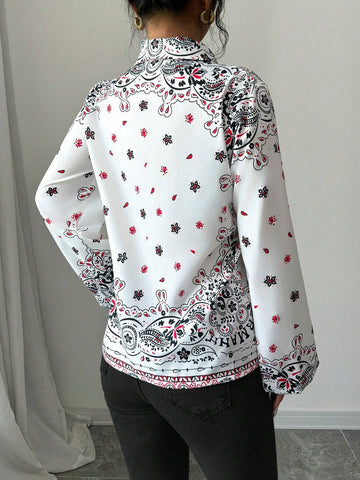 Clasi Lantern Sleeve Print Women Long Sleeve Elegant Blouse, Spring & Autumn