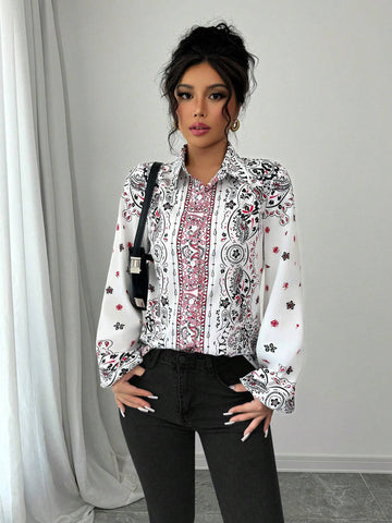 Clasi Lantern Sleeve Print Women Long Sleeve Elegant Blouse, Spring & Autumn