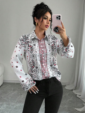 Clasi Lantern Sleeve Print Women Long Sleeve Elegant Blouse, Spring & Autumn