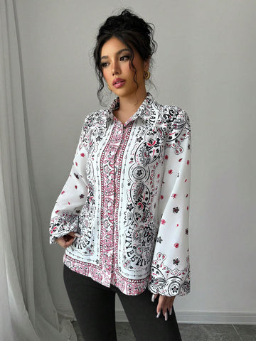 Clasi Lantern Sleeve Print Women Long Sleeve Elegant Blouse, Spring & Autumn
