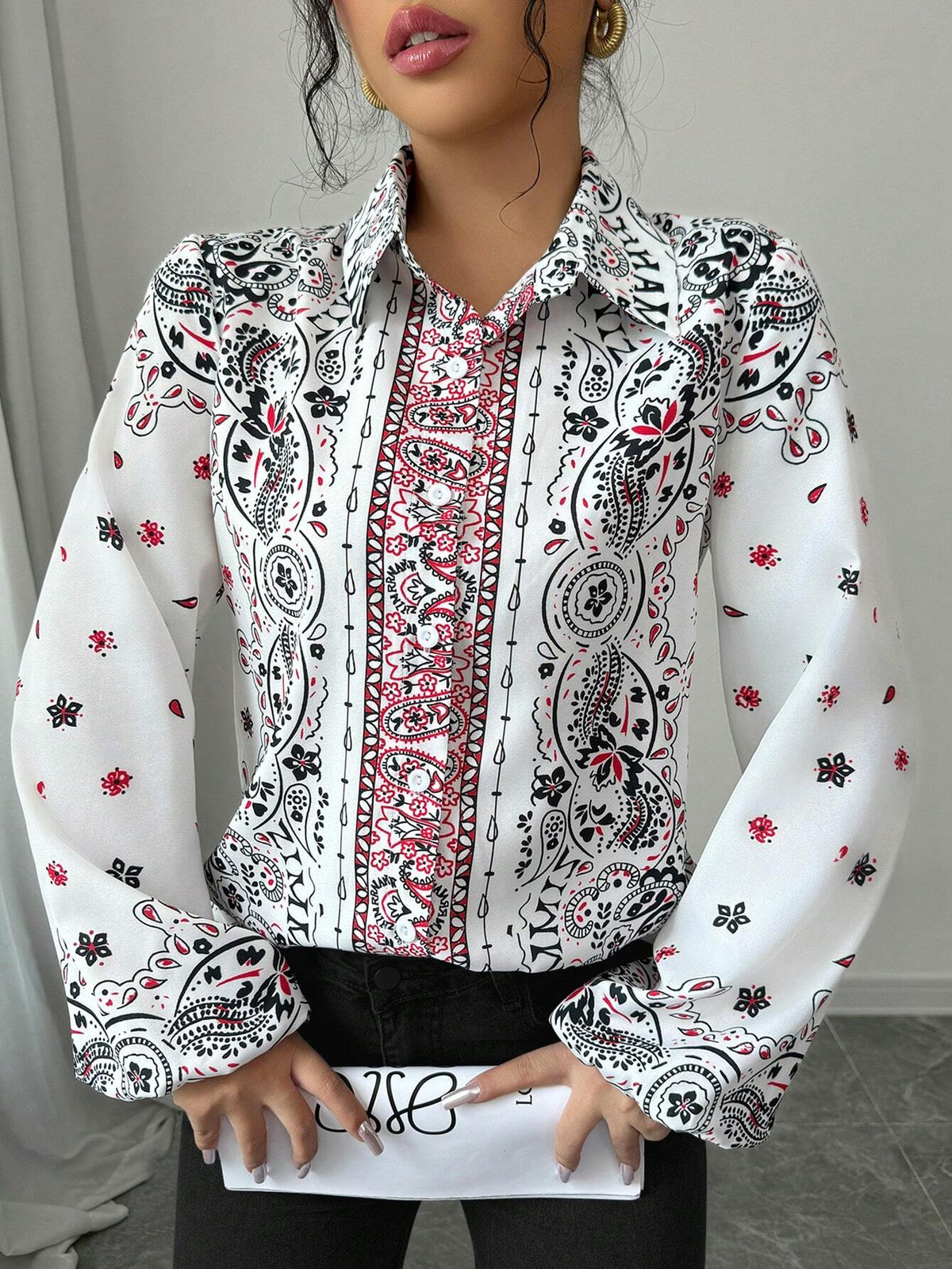 Clasi Lantern Sleeve Print Women Long Sleeve Elegant Blouse, Spring & Autumn